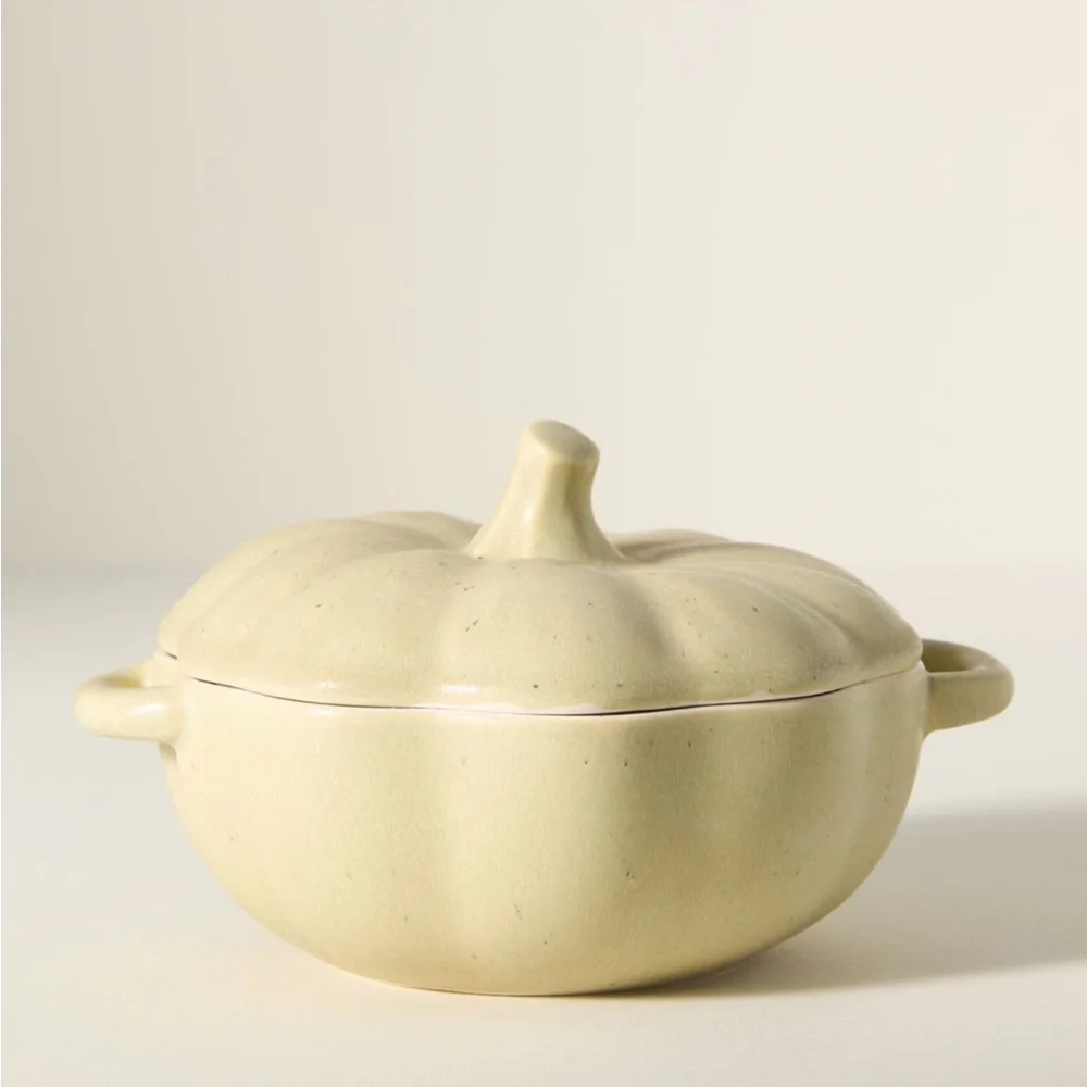 Anthropologie Speckled Stoneware Pumpkin Cocotte | Chartreuse | NIB